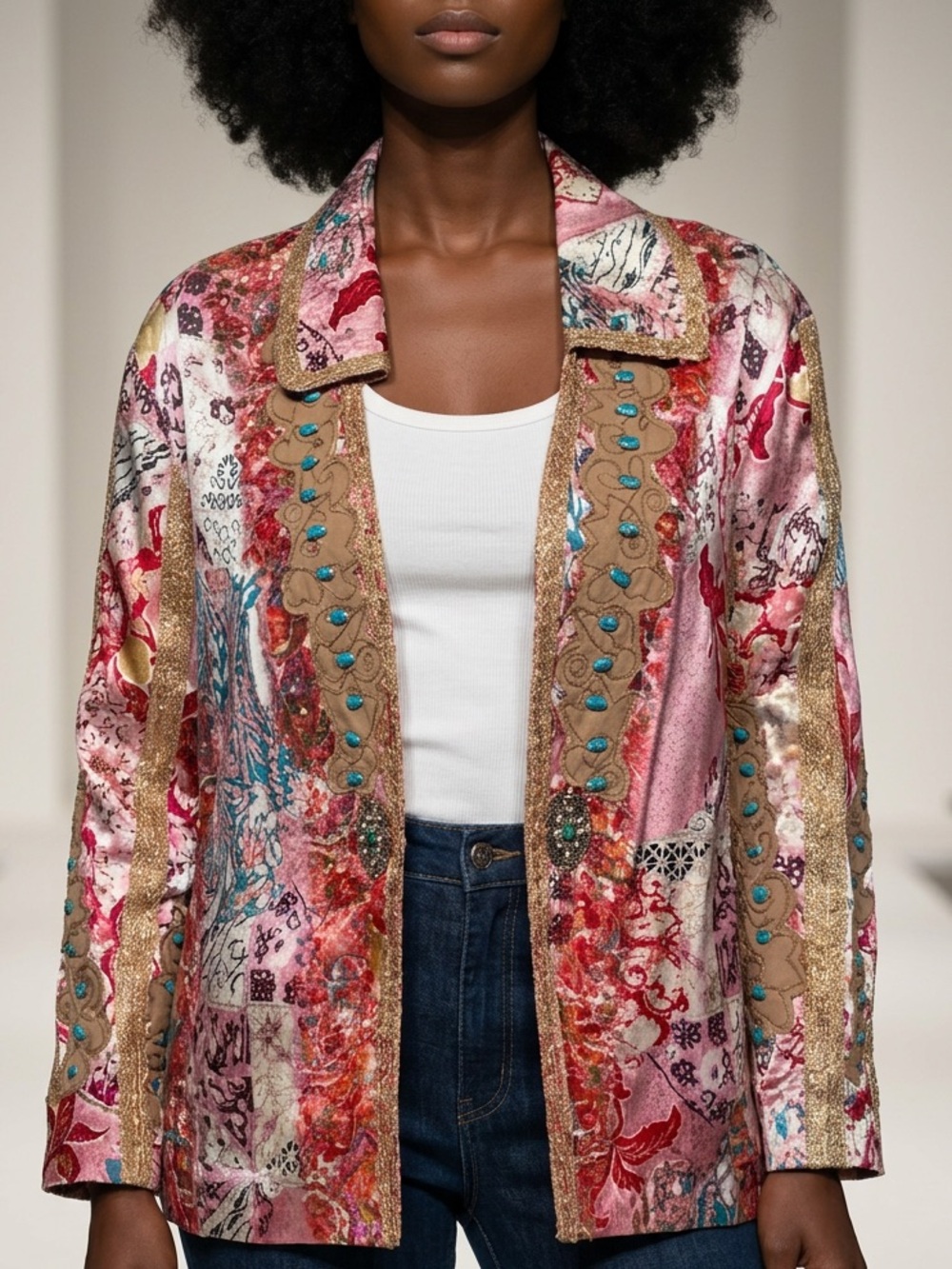 Silk jeweled Blazer, Luxury by Sandy Starkman. Ptp 26” Pinks and reds.